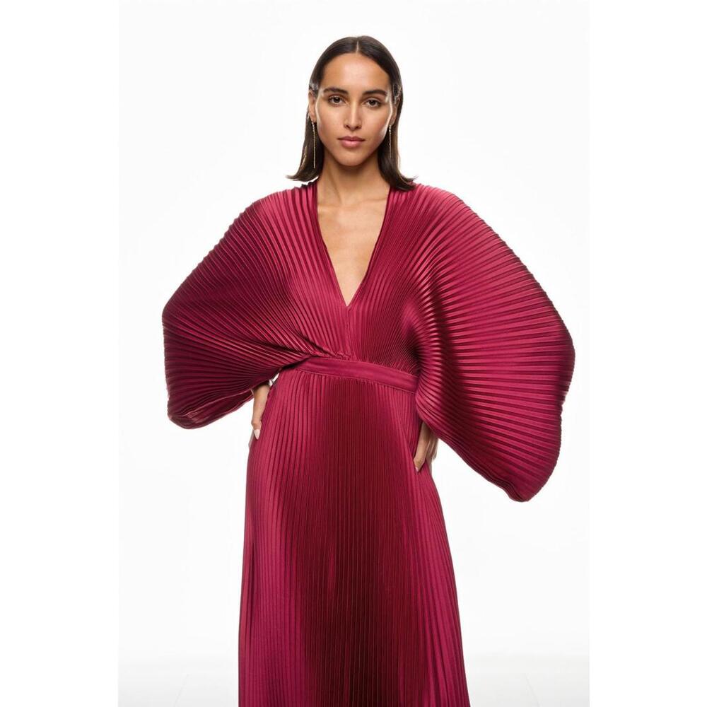 Pleated V-Neck Long Sleeve Maxi Dress - Raspberry